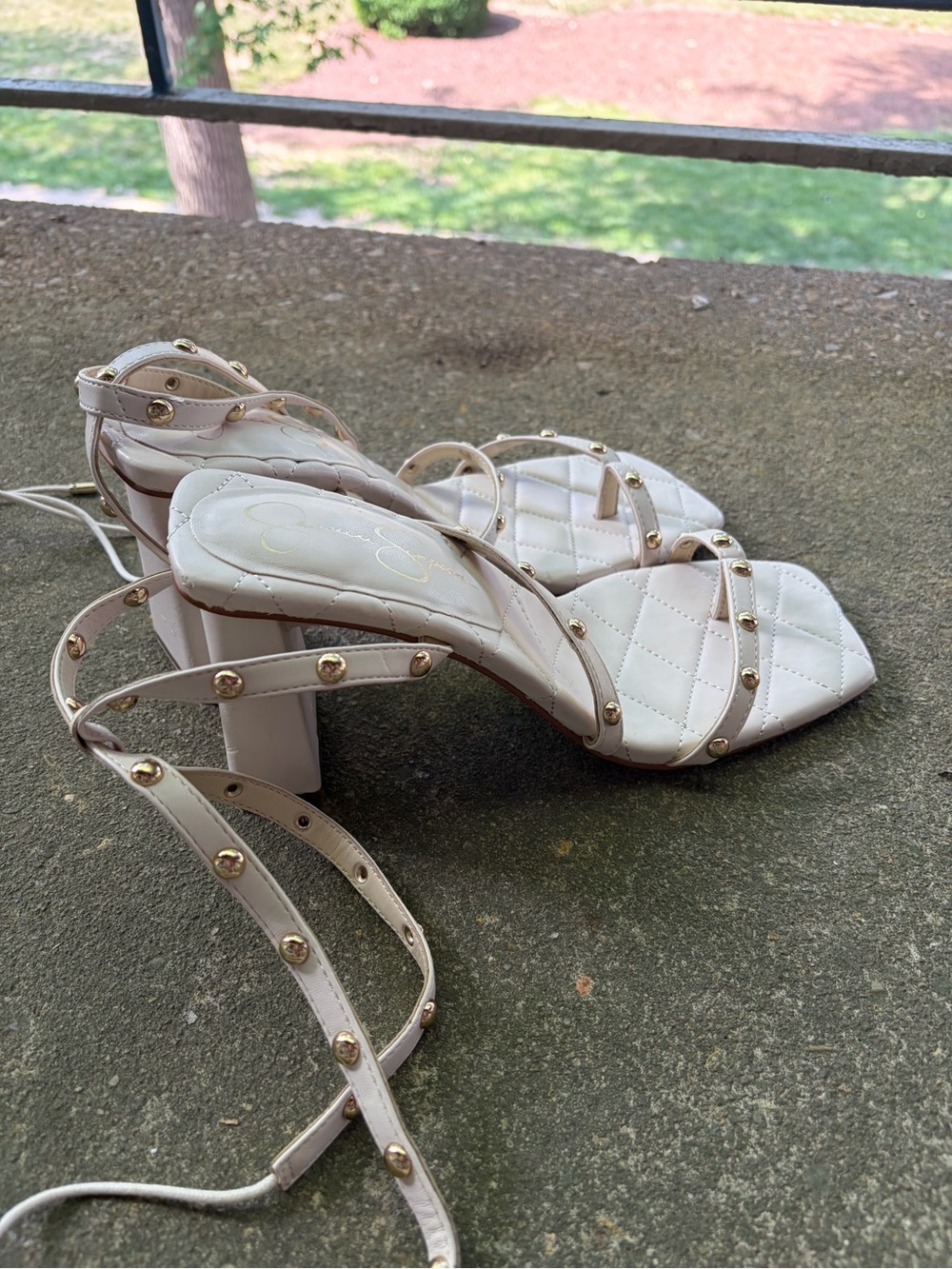 Studded White Quilted Lace-Up Block Heel Sandals